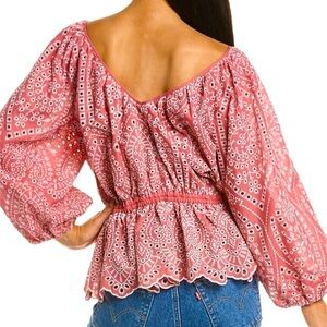ELIE TAHARI Rose Cotton Eyelet Embroidered Peplum Top Like new! Embroidery Lg